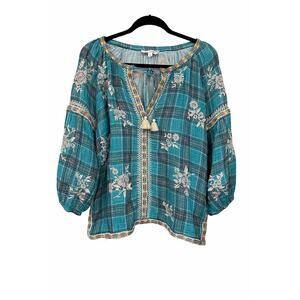 Johnny Was Workshop Julienne Top Medium Plaid Embroidered Gauze Peasant Tunic